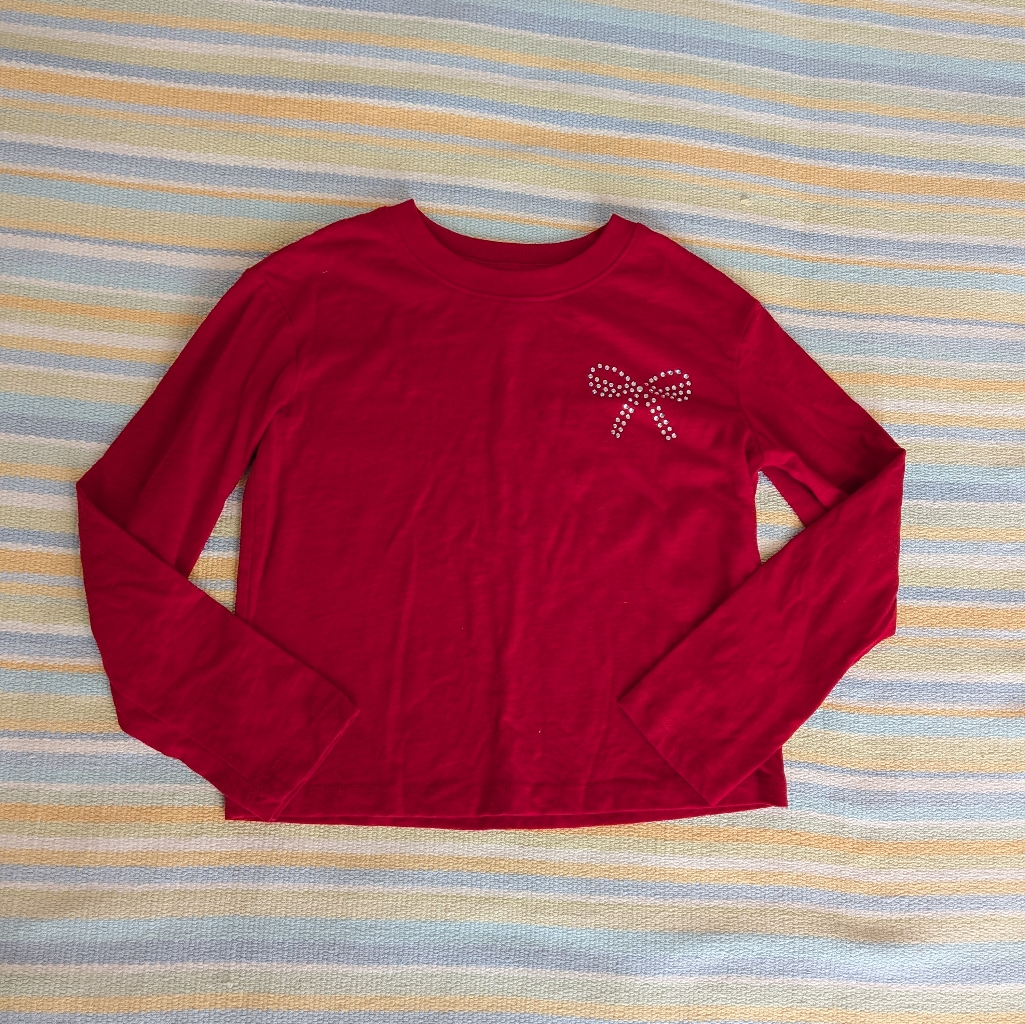 Cat & Jack Red Long Sleeve Top With Rhinestone Bow Medium (8)